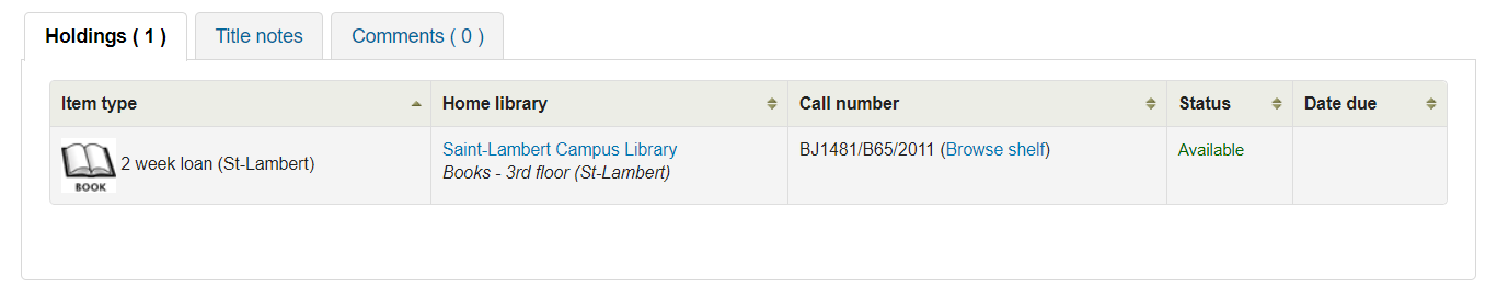 Screenshot of the location of call numbers in the library catalogue.